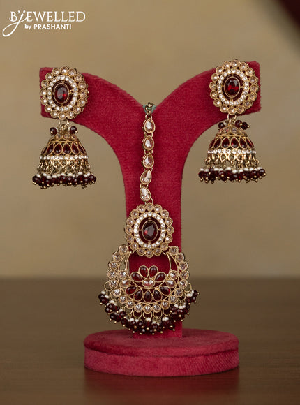 Kundan necklace ruby stones with maang tikka and pearl & maroon beads hanging