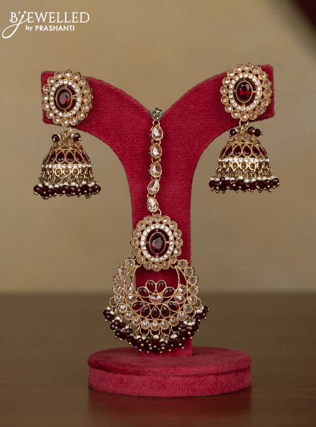 Kundan necklace ruby stones with maang tikka and pearl & maroon beads hanging