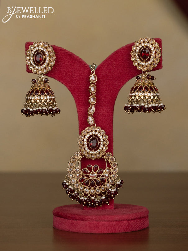 Kundan necklace ruby stones with maang tikka and pearl & maroon beads hanging
