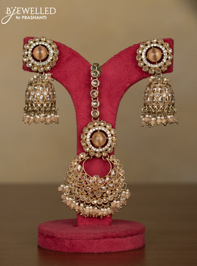 Kundan necklace peach stones with maang tikka and peach beads hanging