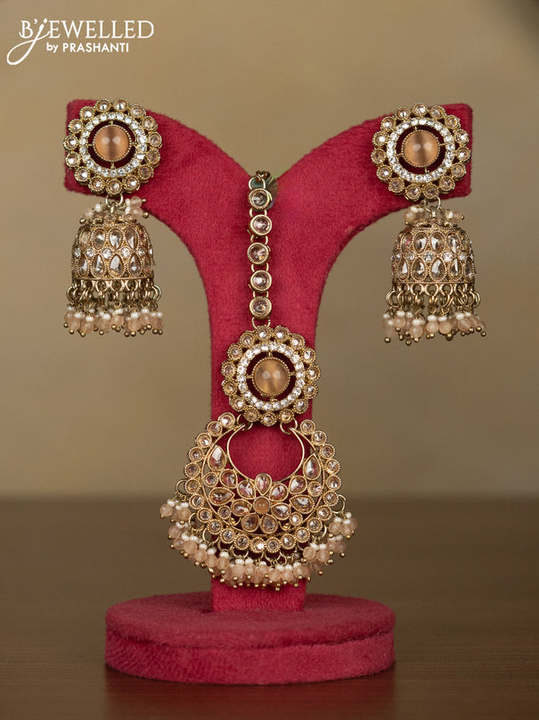 Kundan necklace peach stones with maang tikka and peach beads hanging