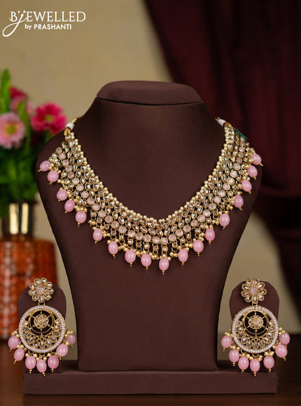 Kundan necklace baby pink stones with maang tikka and baby pink beads hanging