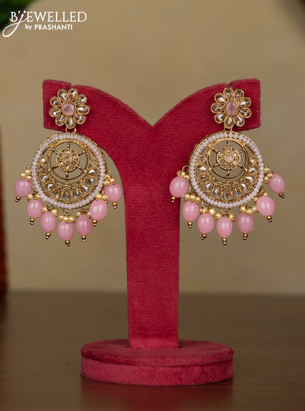 Kundan necklace baby pink stones with maang tikka and baby pink beads hanging
