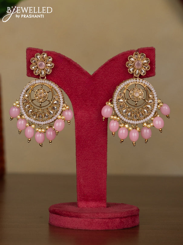 Kundan necklace baby pink stones with maang tikka and baby pink beads hanging