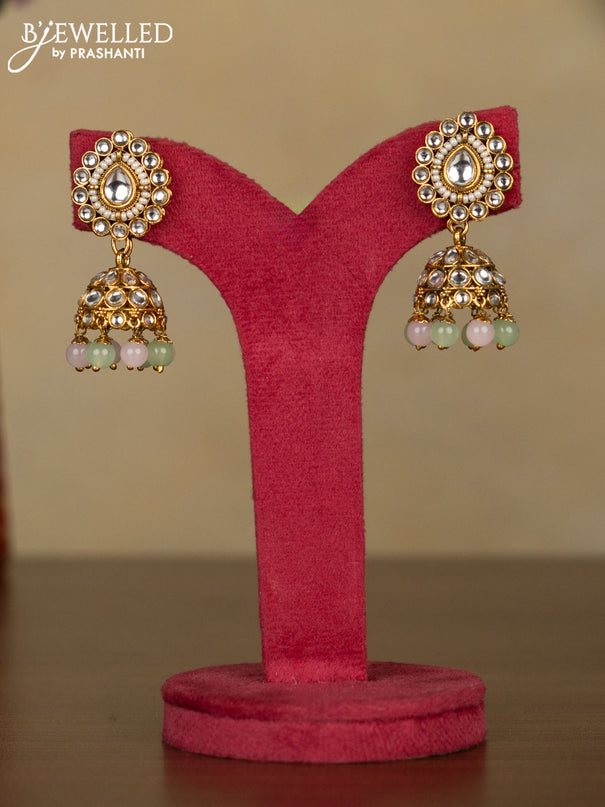 Kundan necklace with maang tikka and baby pink & mint green beads hanging