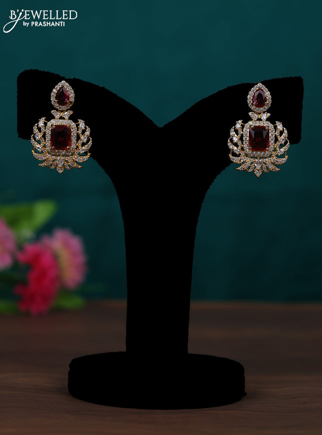 Zircon earring with ruby and cz stones in gold finish