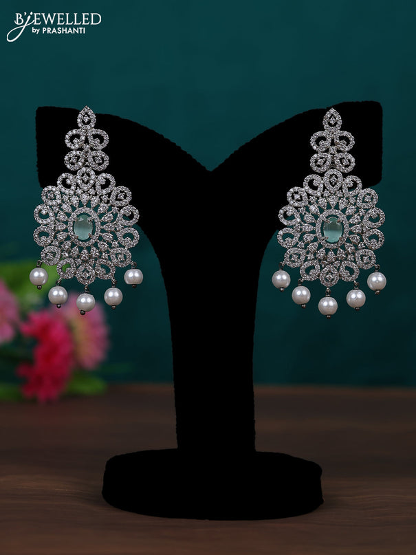 Zircon earring with mint green & cz stones and pearl hangings