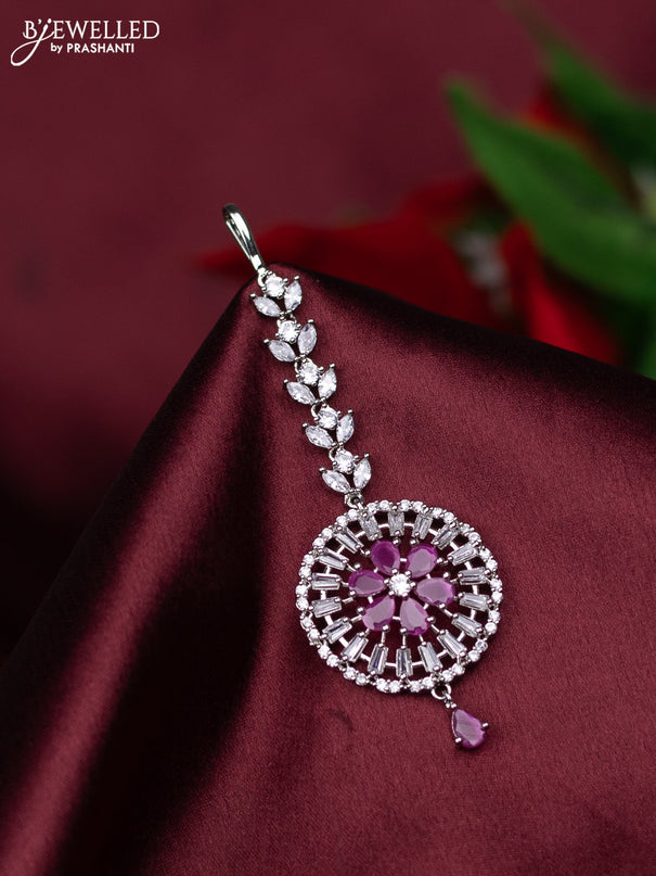 Zircon maang tikka with ruby & cz stones and hanings