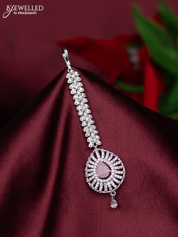 Zircon maang tikka with baby pink & cz stones and hanings