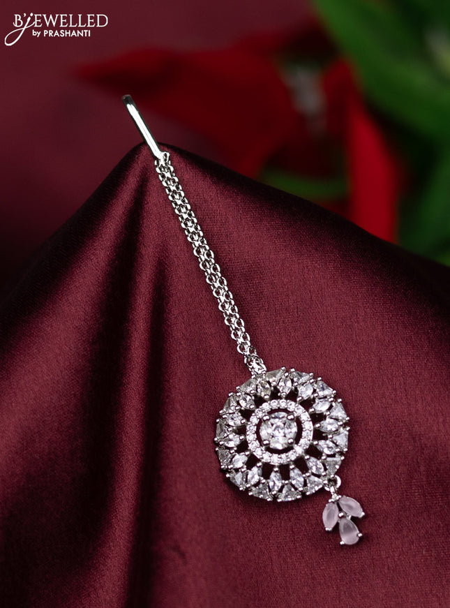 Zircon maang tikka with baby pink & cz stones and hanings