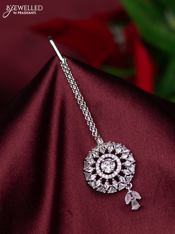 Zircon maang tikka with baby pink & cz stones and hanings