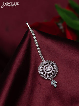 Zircon maang tikka with mint green & cz stones and hanings