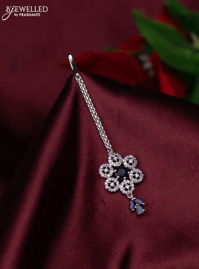 Zircon maang tikka floral design with sapphire & cz stones and hanings