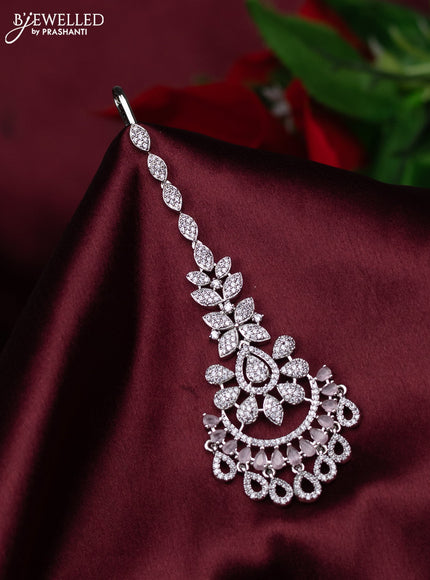 Zircon maang tikka with baby pink & cz stones and hanings