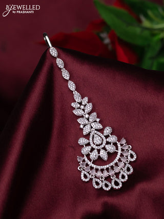 Zircon maang tikka with baby pink & cz stones and hanings