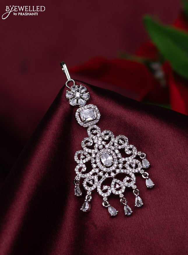 Zircon maang tikka floral design with cz stones and hanings