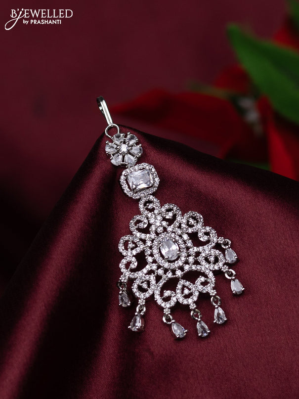 Zircon maang tikka floral design with cz stones and hanings