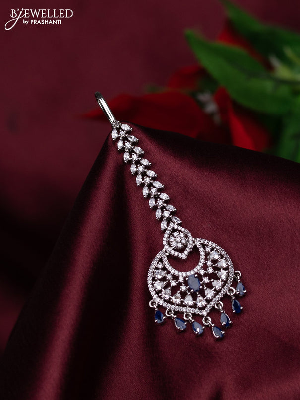 Zircon maang tikka with sapphire & cz stones and hanings