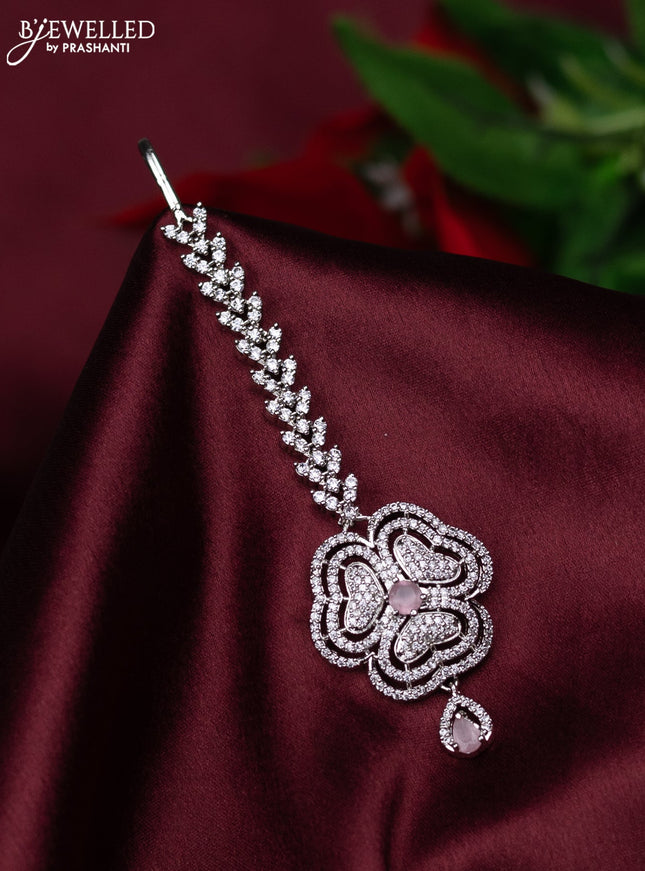 Zircon maang tikka floral design with baby pink & cz stones and hanings