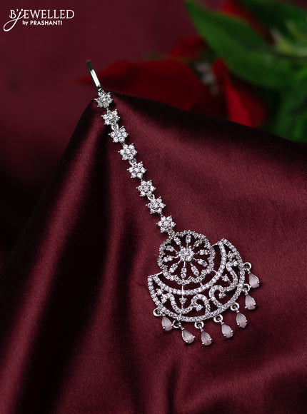Zircon maang tikka floral design with baby pink & cz stones and hanings