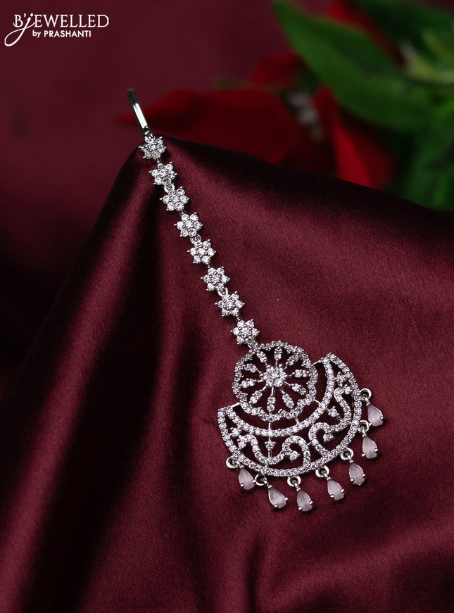 Zircon maang tikka floral design with baby pink & cz stones and hanings