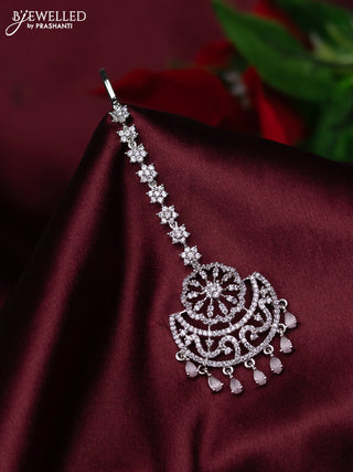 Zircon maang tikka floral design with baby pink & cz stones and hanings
