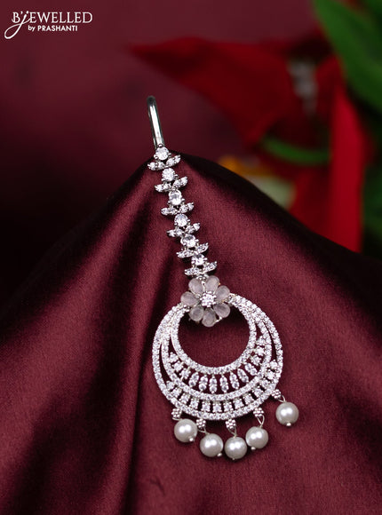 Zircon maang tikka with baby pink & cz stones and pearl hanings