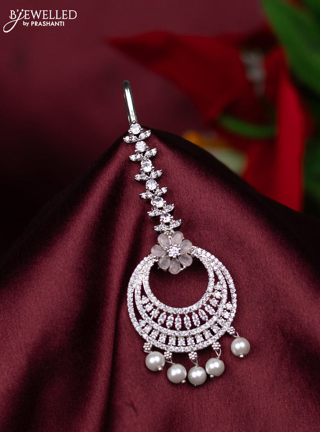Zircon maang tikka with baby pink & cz stones and pearl hanings