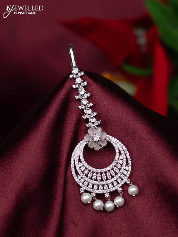 Zircon maang tikka with baby pink & cz stones and pearl hanings