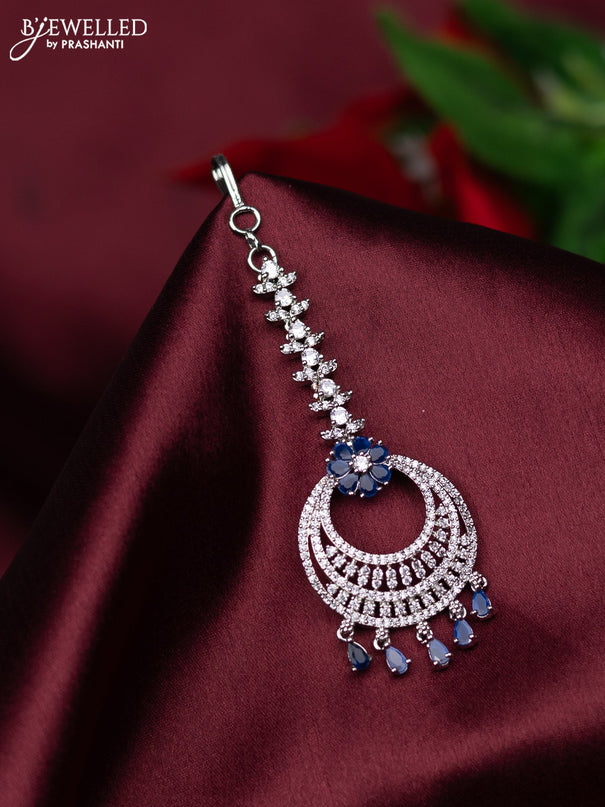 Zircon maang tikka with sapphire & cz stones and hanings