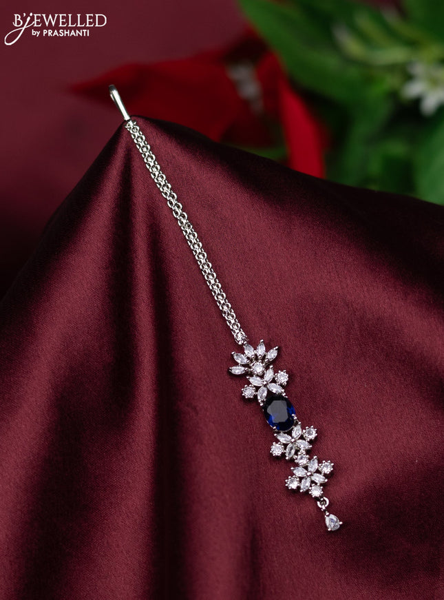 Zircon maang tikka floral design with sapphire & cz stones and hanings