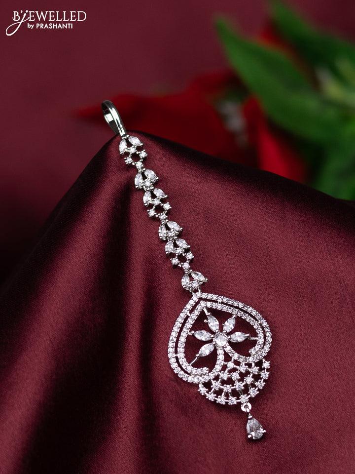 Zircon maang tikka floral design with cz stones and hanings
