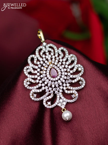 Zircon maang tikka with ruby & cz stones and pearl hanings