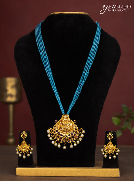 Jaipur crystal beaded multilayer light blue necklace with lakshmi pendant