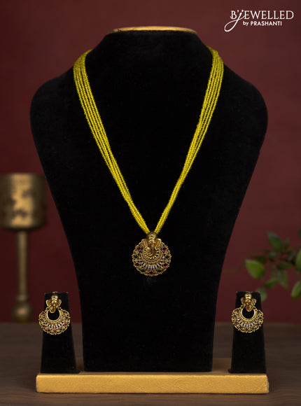 Jaipur crystal beaded multilayer yellow necklace with ganesha pendant