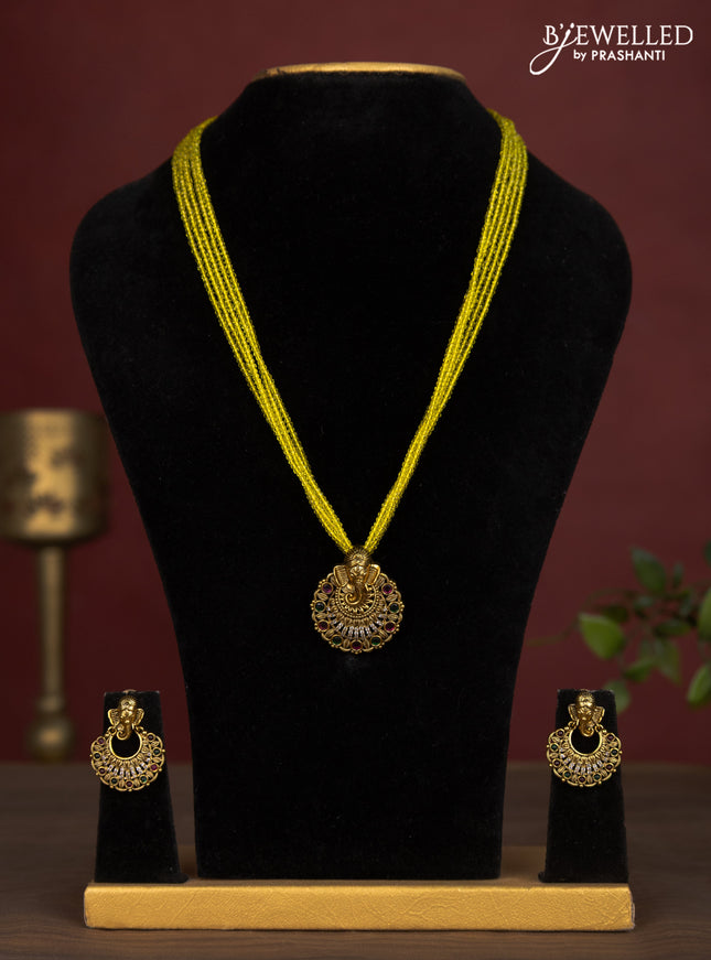 Jaipur crystal beaded multilayer yellow necklace with ganesha pendant