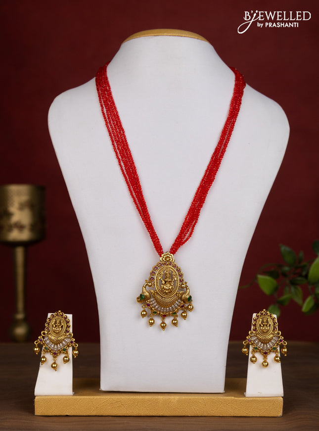 Jaipur crystal beaded multilayer red necklace with lakshmi pendant