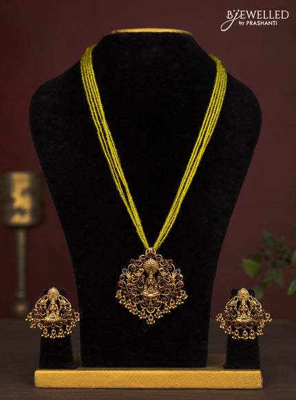 Jaipur crystal beaded multilayer yellow necklace with lakshmi pendant