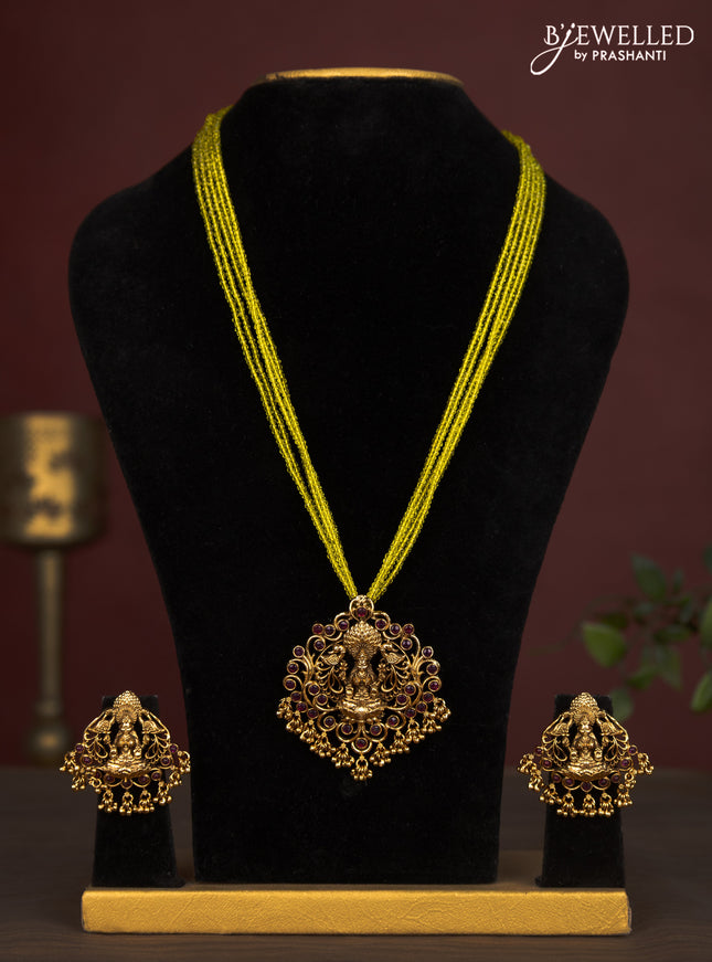 Jaipur crystal beaded multilayer yellow necklace with lakshmi pendant