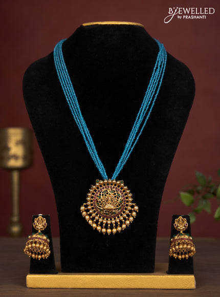 Jaipur crystal beaded multilayer light blue necklace with lakshmi pendant