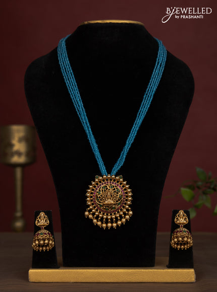 Jaipur crystal beaded multilayer light blue necklace with lakshmi pendant