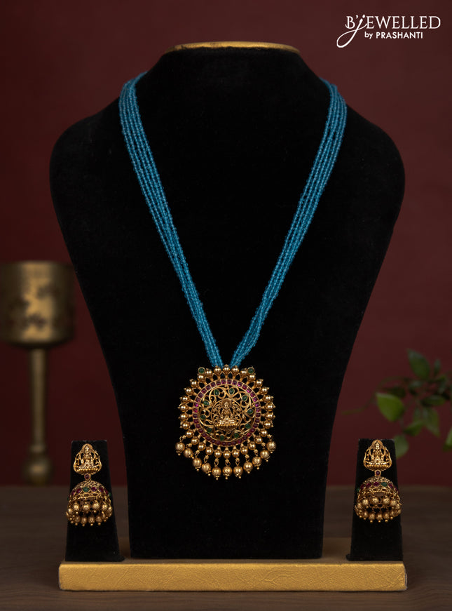 Jaipur crystal beaded multilayer light blue necklace with lakshmi pendant