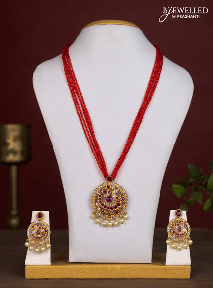 Jaipur crystal beaded multilayer red necklace with swan pendant
