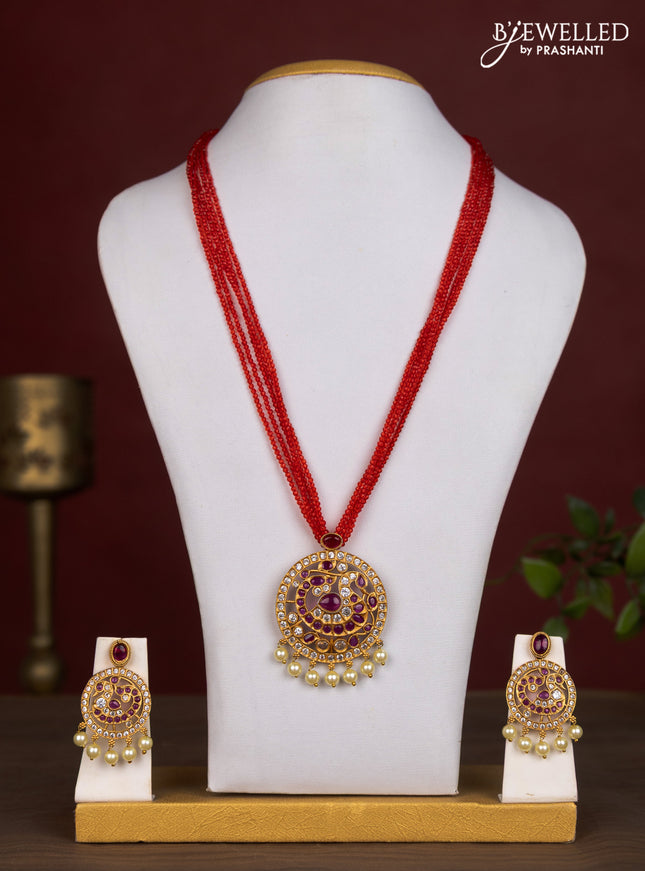 Jaipur crystal beaded multilayer red necklace with swan pendant