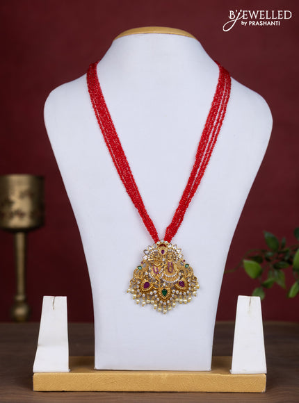 Jaipur crystal beaded multilayer red necklace with radhe krishna pendant without earing