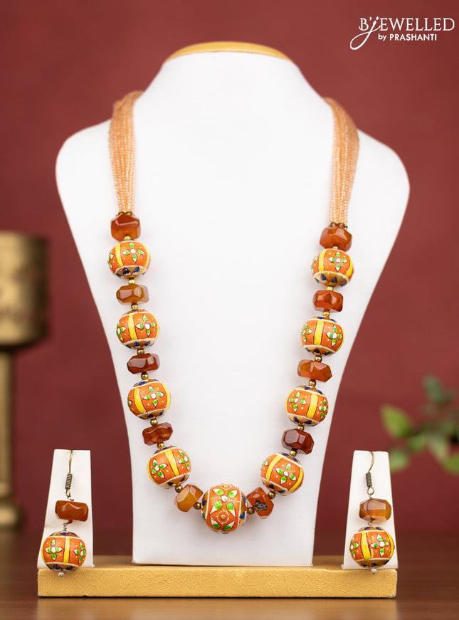 Jaipur multilayer beaded ornage necklace with meenakari beads