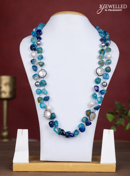 Jaipur double layer blue stone necklace with pearl and cz stone pendant without earring