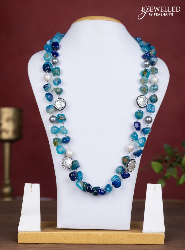 Jaipur double layer blue stone necklace with pearl and cz stone pendant without earring