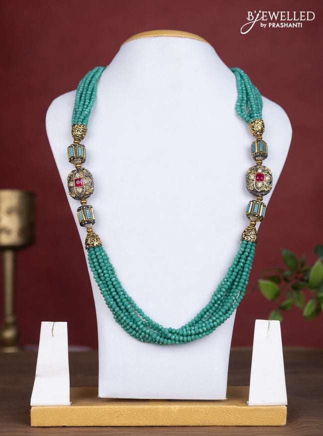 Jaipur multilayer beaded light green necklace with meenakari pendant without earring