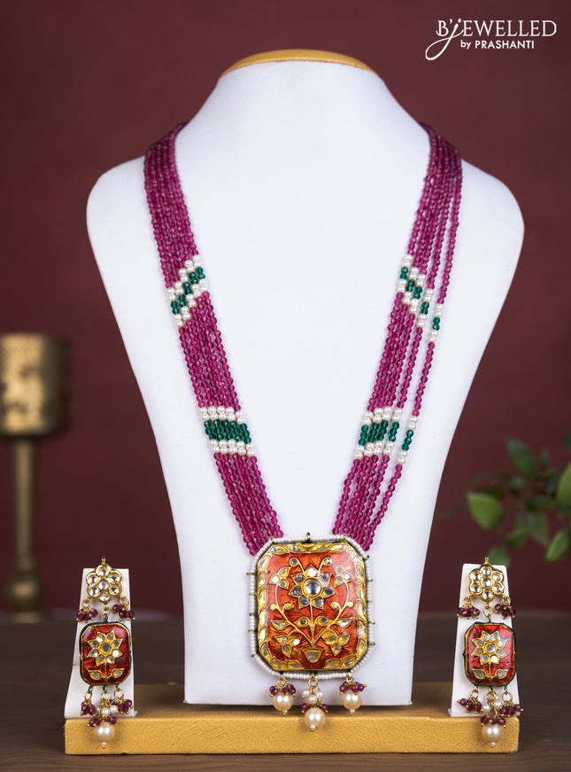 Jaipur multilayer beaded maroon necklace with meenakari pendant and pearl hangings